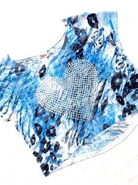 Justice Girls Heart Bling Animal Print Crop Top Blue Black Size 10 EUC